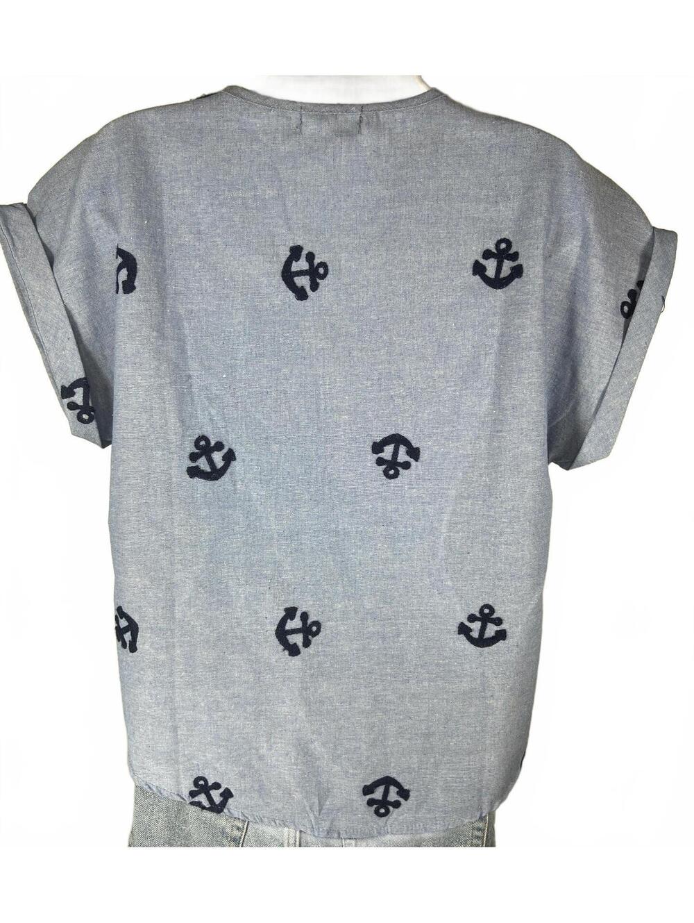 Kindred Chambray Anchor Embroidered Button Up Top L Coastal Grandmother Nautical - Picture 2 of 5